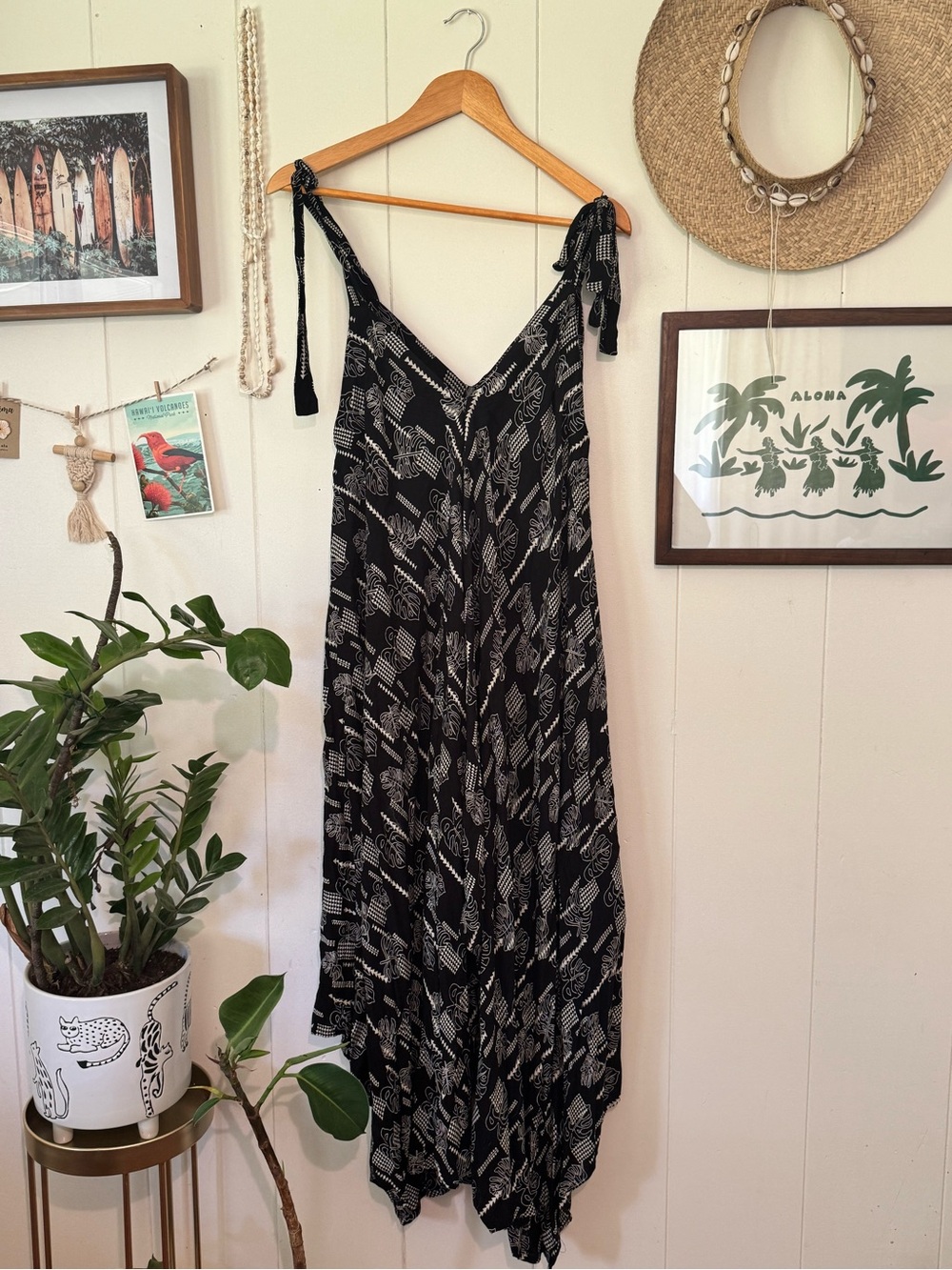 Black tropical Printed Tie-Shoulder Maxi Dress from hawaii